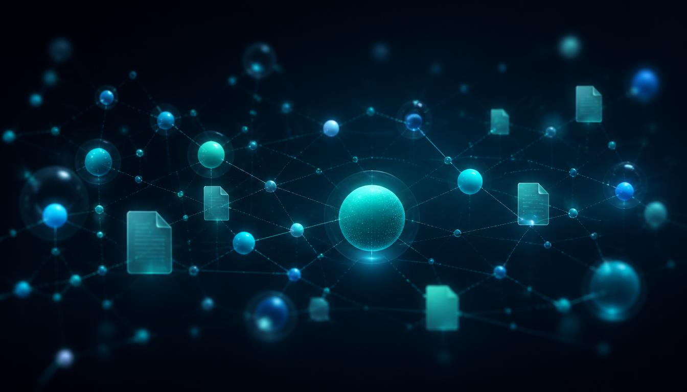 A connected data network showing clean CRM records and knowledge-base documents feeding a central AI context layer